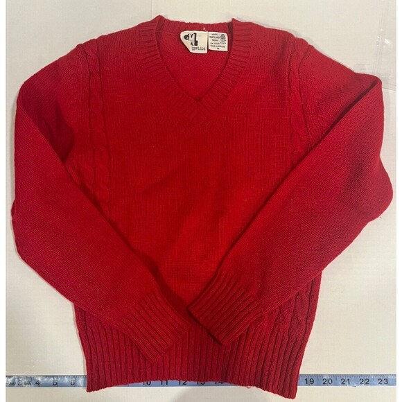 Vintage Childs Wool Sweater Red V- Neck Cable Knit 90s Winter Retro Cozy Classic - Picture 1 of 7